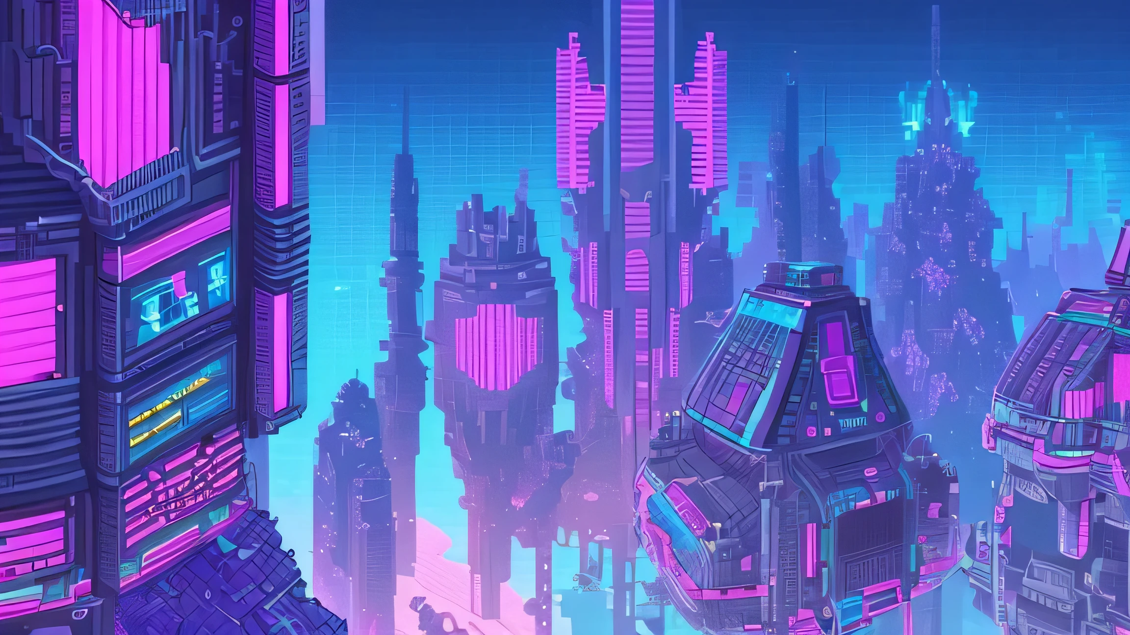 highly detailed, ultra-detailed, highly-detailed shading, pixel art style, concept art, by Paul Kelpe, 2d game model, pixel perfect, scifi, futuristic, blue, purple, and pink neon lights, darker shades