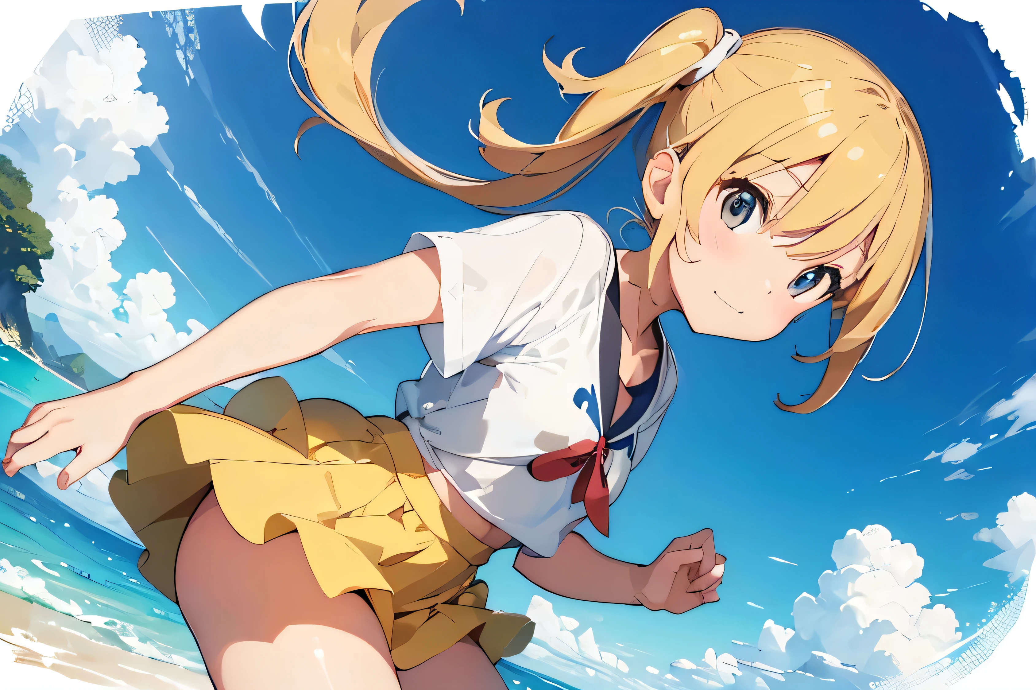 Are standing "Pokémon"A beautiful girl who looks like she could be in a movie. Short hair, playful eyes, smiling face, looking slightly to the right, holding a Pokémon in her right hand."monster Ball"Holding a watch on the left hand, wearing a short-sleeved white shirt, yellow skirt, summer sandals, sunlight, running, background is a sandy beach, the person is always"one person" Blonde "Pokémon"The style of the drawing is small breasts, and there is no problem with Japanese children seeing it.