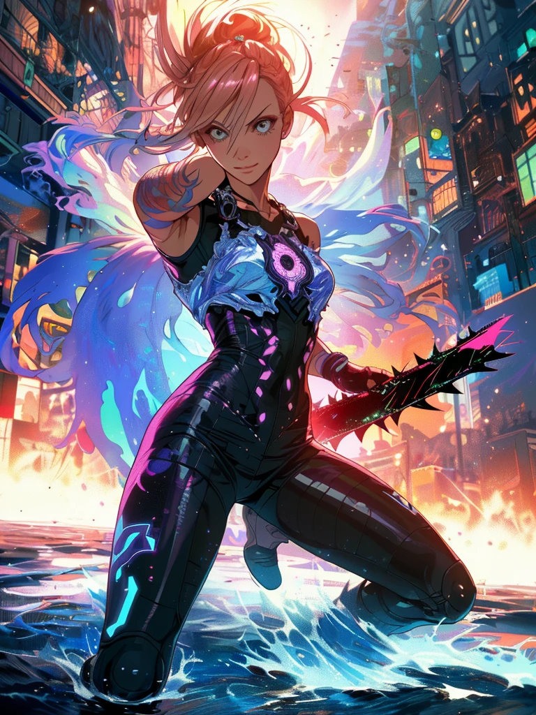 gwenpool, ((assassin style)),((Doragon)),water world,Colosseum,saibe,tattoo,no clothes,Savage,small bust,robot hand,Shoulder-length messy hair, no clothes,Detailed beautiful face,Delicate and beautiful eyes,shield,happy, mail, Super fine skin,Beautiful slim style anime girl, Super detailed painting, Luminism, Concept art by Carne Griffiths and Wadim Kashin, 4K resolution, Fractal isometric detail bioluminescence , 3D rendering, octane rendering, complexly detailed , ish, Trending isometric center hyperrealistic cover photo awesome full color on artstation, Hand Painted , Gritty, Realistic Mucha , complex, Hit definition , ish,rough sketch, Thick lines, on the paper, (saiber punk:1.4), frills,lace,frills,lace,frills,lace
BREAK
((Cool oversized chainsaw in hand)), ((Super large cool weapon machine)),open stance, Action pose,
White background,simple background,Wide-angle lens