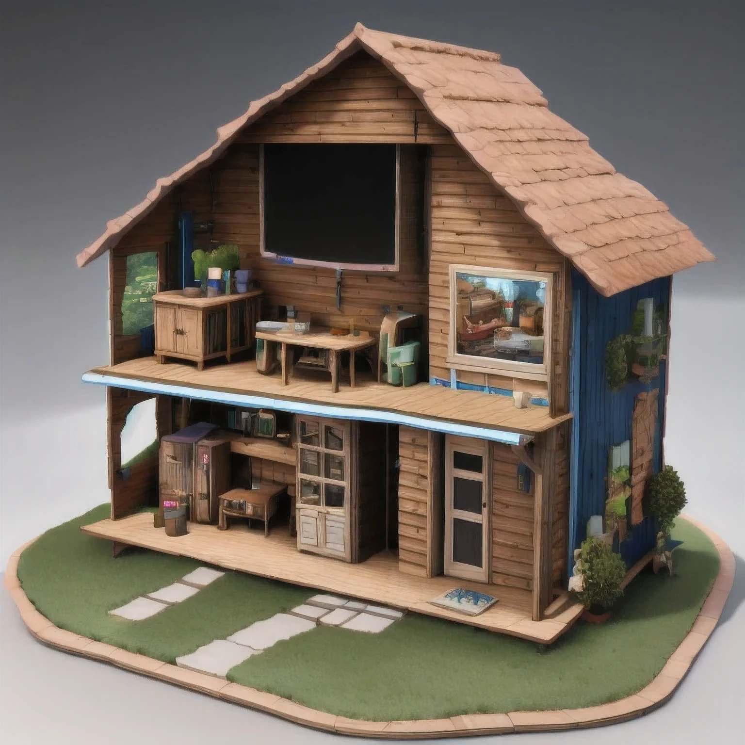 there is a small model of a small house with a roof, diorama model, highly detailed sculpey diorama, surreal sci fi set design, highly detailed diorama, diorama, detailed scene, eeri, miniature model, backside of scenography elements, by Lee Loughridge, by Brigette Barrager, diorama picture, witch hut with a couch and a tv, stylized 3d render, adventure hyper realistic render, daily render, hyper detailed 3 d render, highly detailed diorama, hyper detailed 3d render, extreme render, highly detailed 3 d render, highly detailed 3d render, super detailed render, very detailed render, 3 d videogame render,stylized 3d render, 3 d render stylized, cute 3 d render, hyper detailed 3 d render, hyper detailed 3d render, daily render, stylized as a 3d render, very detailed render, 3 d stylize scene, super detailed render, fully detailed render, highly detailed 3d render