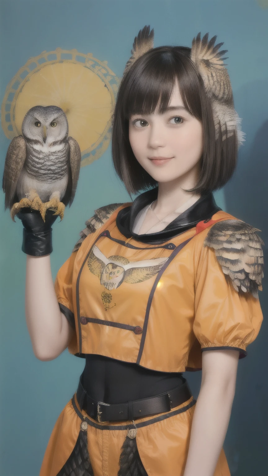 224 Short Hair, 20-year-old woman, A kind smile, (There are also colorful owls), (Rembrandt-style painting), ((machinery suit,Clothes with short sleeves)),I can see your abs