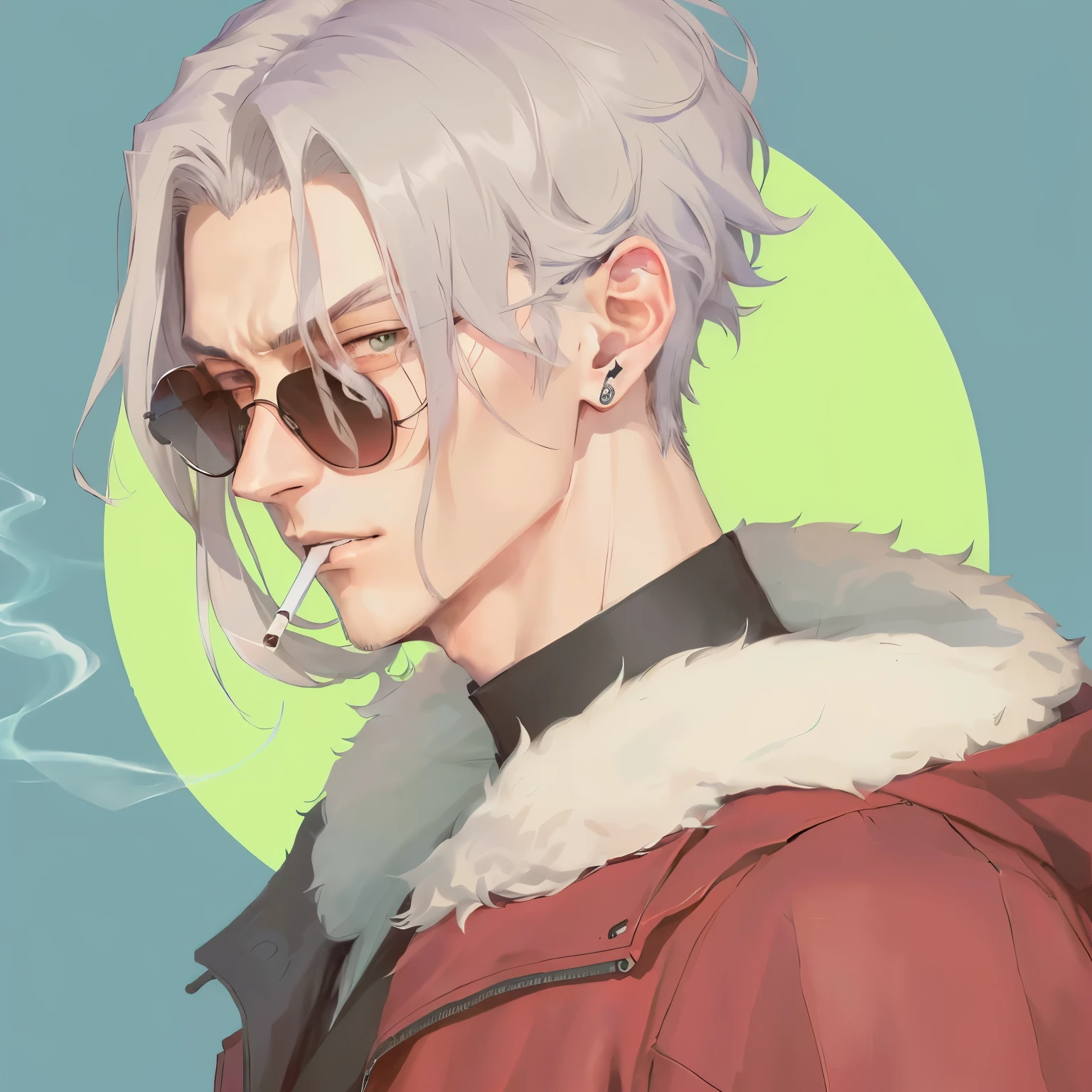 anime guy with sunglasses smoking a cigarette in front of a green circle, trigger anime artstyle, gendo ikari smoking a joint, xqc, high quality fanart, handsome guy in demon slayer art, johan liebert mixed with alucard, male anime style, anime style character, johan liebert mixed with dante, kentaro miura art style, 2 d anime style