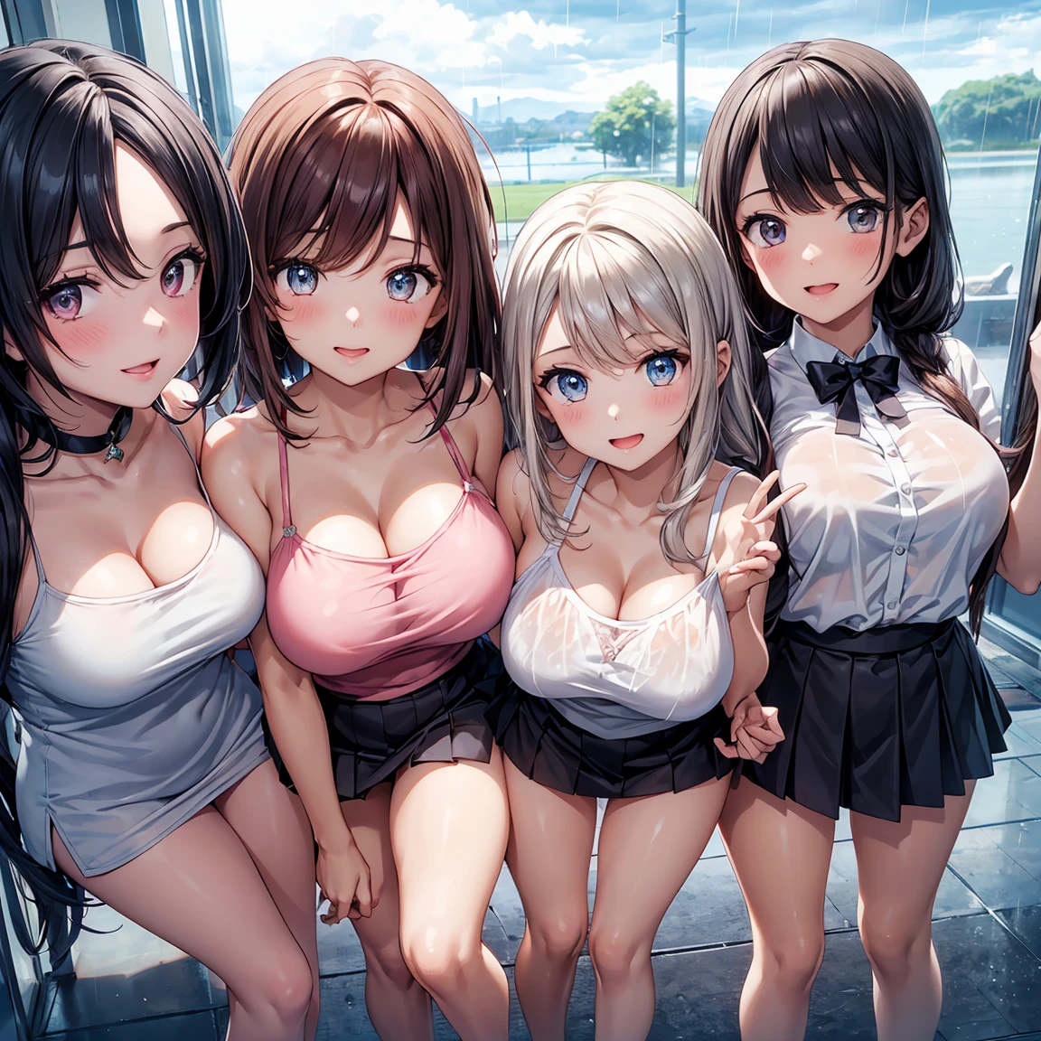 highest quality, Super detailed, (Ultra-high resolution,8K), Ultra-high definition 4K, (Perfect Anatomy, Anatomically correct), (5 cute girls:1.4), (Beautiful Eyes), (Detailed eyes), (High-quality facial beauty), (In the Storm:1.2), (Photorealistic), (Detailed big breasts), Soft Skin, Glowing Skin, (Cute mini skirt), (Tight see-through camisole), Bright lighting, lined up vertically, Very heavy rain, (5 cute girls:1.4), colorful, Goddess-like beauty, Wave your hands loudly