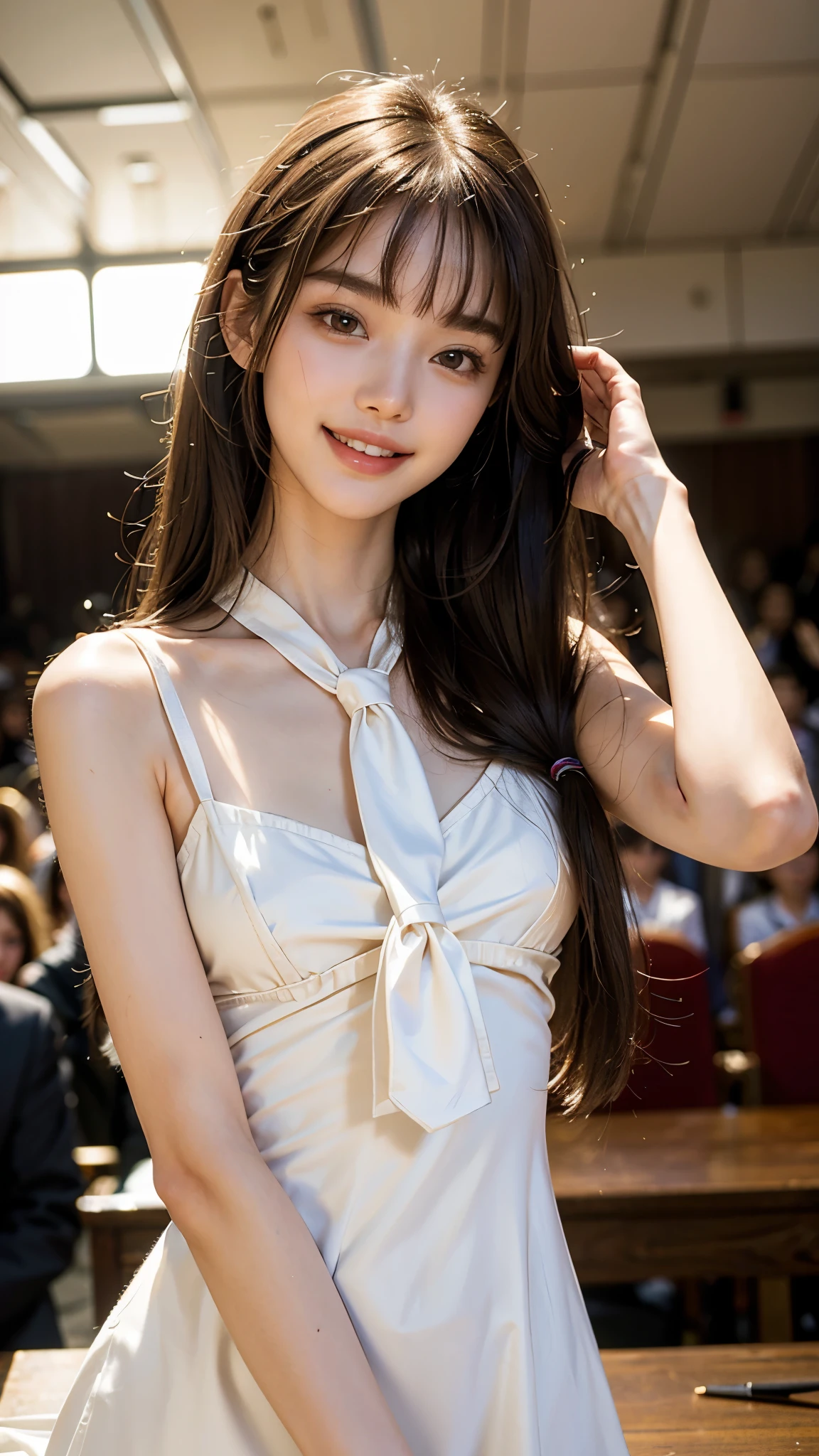 highest quality, masterpiece, Ultra-high resolution, (Realistic:1.4), (Close-up portrait) RAW Photos, 1 girl, 22 years old,((Whitening))Slender body,Medium Chest,((Cream dress)),((Long hair with straight bangs)),((Tie your hair up)),((Looking up at the audience)), Realistic pictures,((Smiling with teeth showing)),