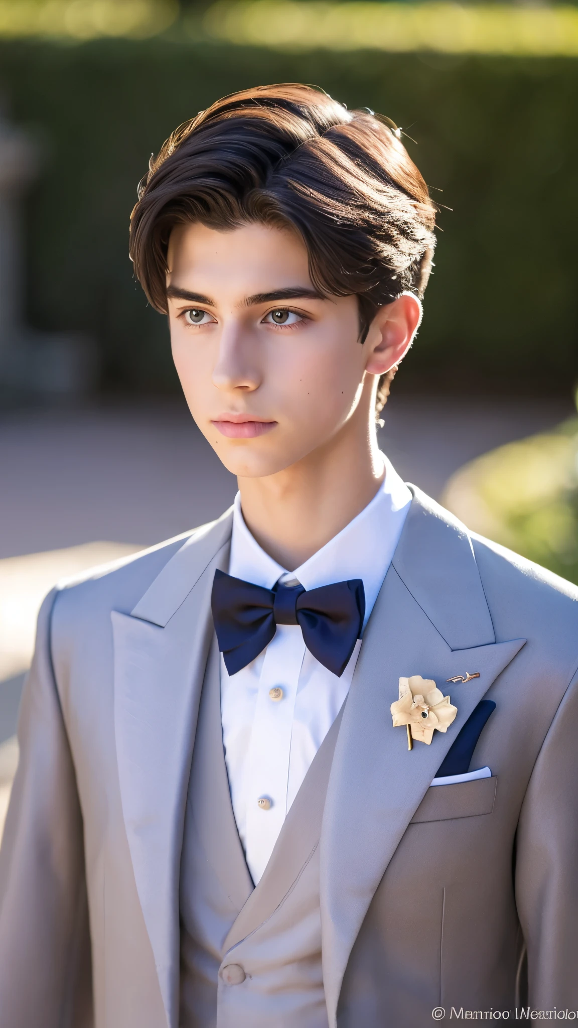 A young 18 year old man, delgado con facciones delicadas y acbello rubio, una mirada profunda, contemporary prince dress.