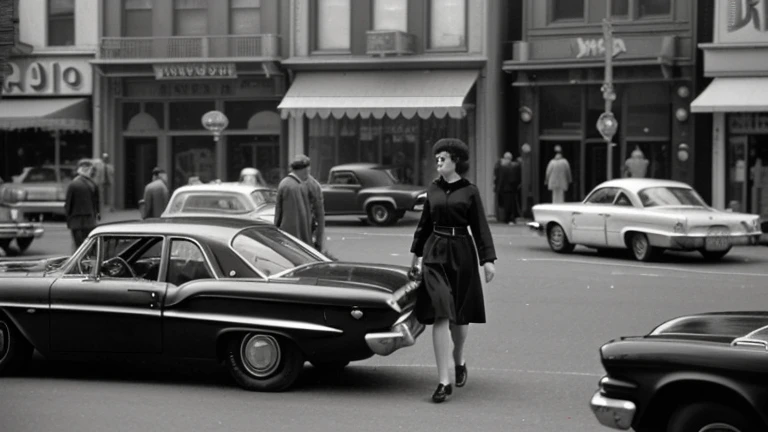 Arabian woman walking in front of a row of parked cars, New York in the 1960s, cinematic diane arbus, inspired By Ruth Orkin, inspired By Bruce Davidson, Bruce Davidson Photography, By Ruth Orkin, By Bruce Davidson, inspired by Vivian Maier, by Larry Fink, by Vivian Maier