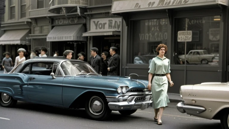 Arabian woman walking in front of a row of parked cars, New York in the 1960s, cinematic diane arbus, inspired By Ruth Orkin, inspired By Bruce Davidson, Bruce Davidson Photography, By Ruth Orkin, By Bruce Davidson, inspired by Vivian Maier, by Larry Fink, by Vivian Maier