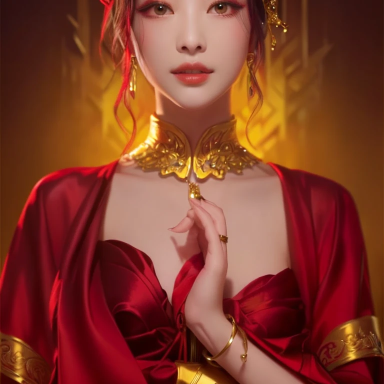 Woman in a red dress with gold jewels and a crown, Beautiful Fantasy Empress, Inspired by Run In, Beautiful renderings of the Tang Dynasty, Inspired by Woo Bin, ((Beautiful Fantasy Empress)), Up to the model | ArtJam, Inspired by Du Qiong, Inspired by Li Tang, Inspired by Zhao Zuolin, wlop and ArtJam