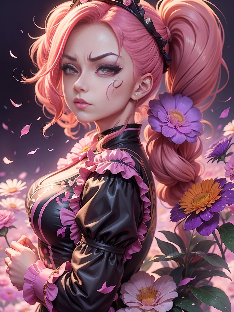 drawing of a woman with a flower on her face, anime styled, jojo anime style, detailed anime face, anime face, hisoka, highly detailed angry anime face, anime inspired, face anime portrait, angry look, stern look, pretty anime face, yayoi kasuma, anime style character, anime style portrait, portrait of hisoka hunter hunter