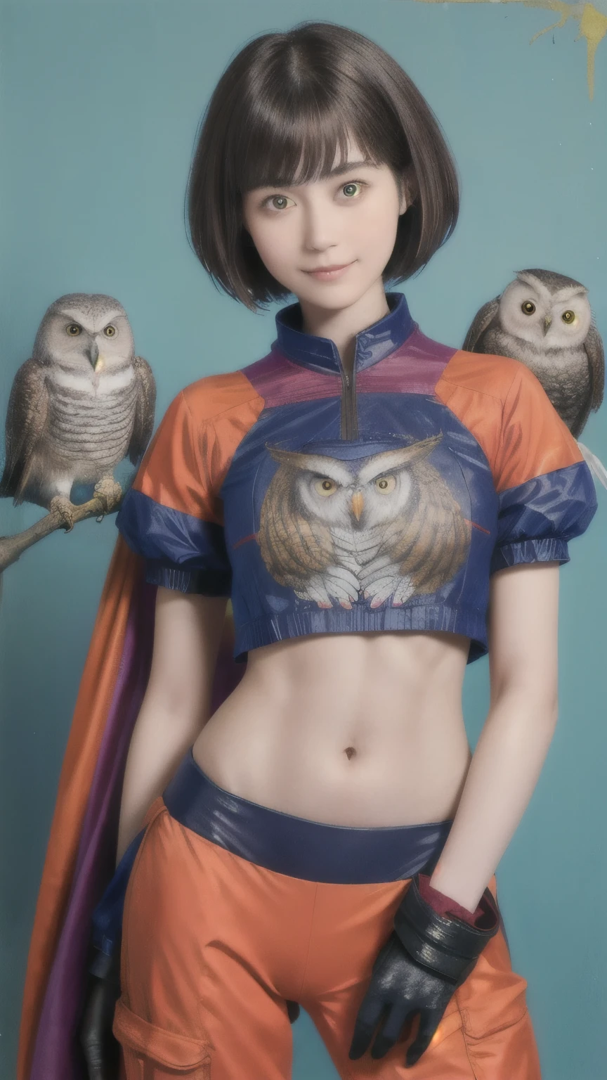 224 Short Hair, 20-year-old woman, A kind smile, (There are also colorful owls), (Rembrandt-style painting), ((machinery suit,Clothes with short sleeves)),I can see your abs