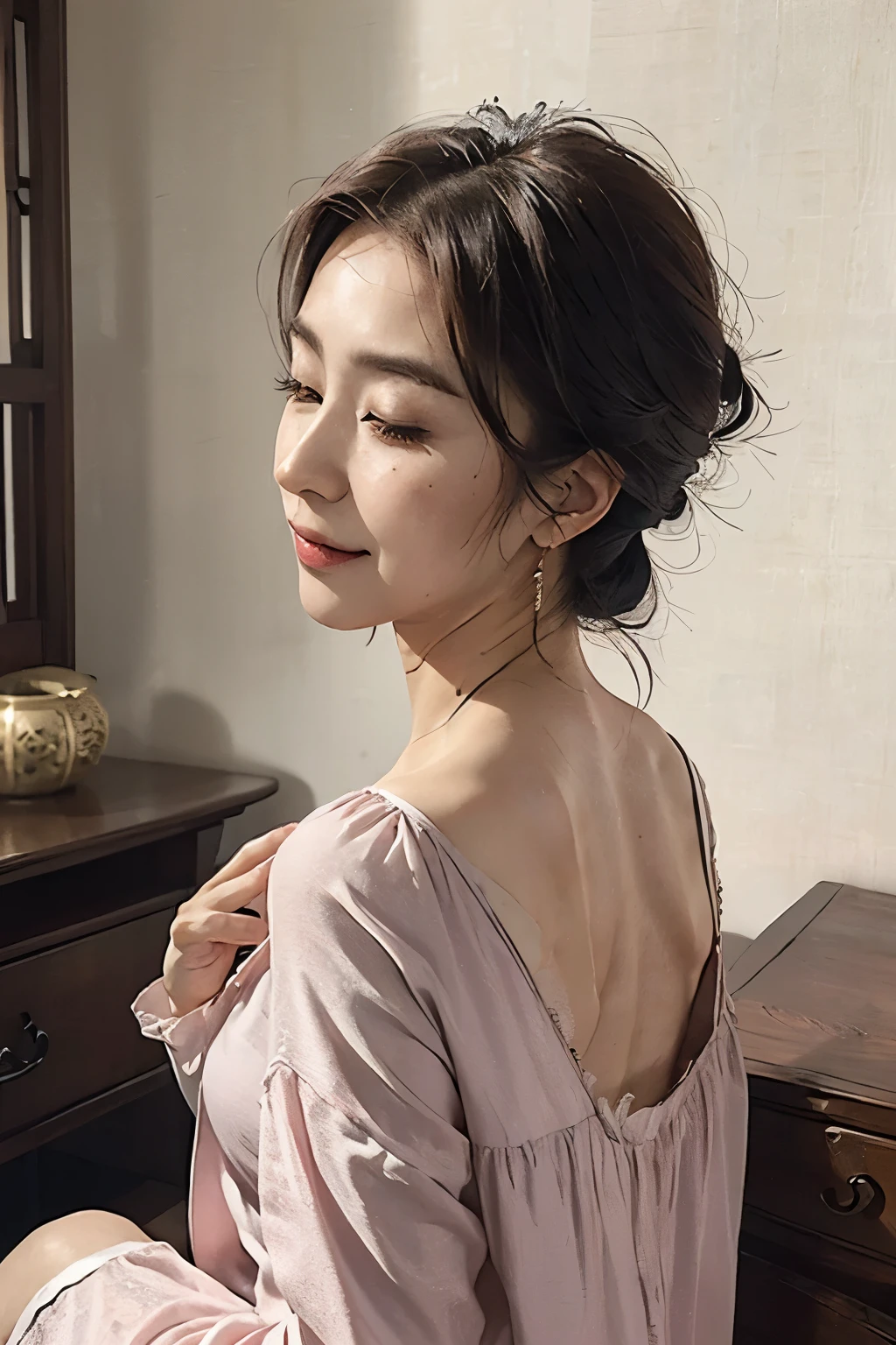 ((highest quality)), ((8K)), ((masterpiece: 1.3)), (Perfect appearance), (Photorealism: 1.6), (Bedroom: 1.2), (sitting in front of the dresser: 1.2), (後ろ髪を掻き上げうなじを見せるJapanese Mature), (He has his elbow raised and is using his fingers to push the hair off the other side of his face.: 1.4), (comb: 1.2), (Back view), (Angle from diagonally behind: 1.4), (Portrait from chest up: 1.4), (60 years old, Japanese Mature), ((Realistic skin texture)), (Fine lines all over the skin), (Dull skin), (Facial wrinkles), (Wrinkles around the eyes), double eyelid, Tear bags under the eyelids, (Without looking back, her face was slightly lowered: 1.2), (A sad expression: 1.2), (Eyes closed: 1.2), (Scraped up hair: 1.2), (A little bit of loose hair left at the nape of the neck), (Showing the nape: 1.6), (Nightgown: 1.2),