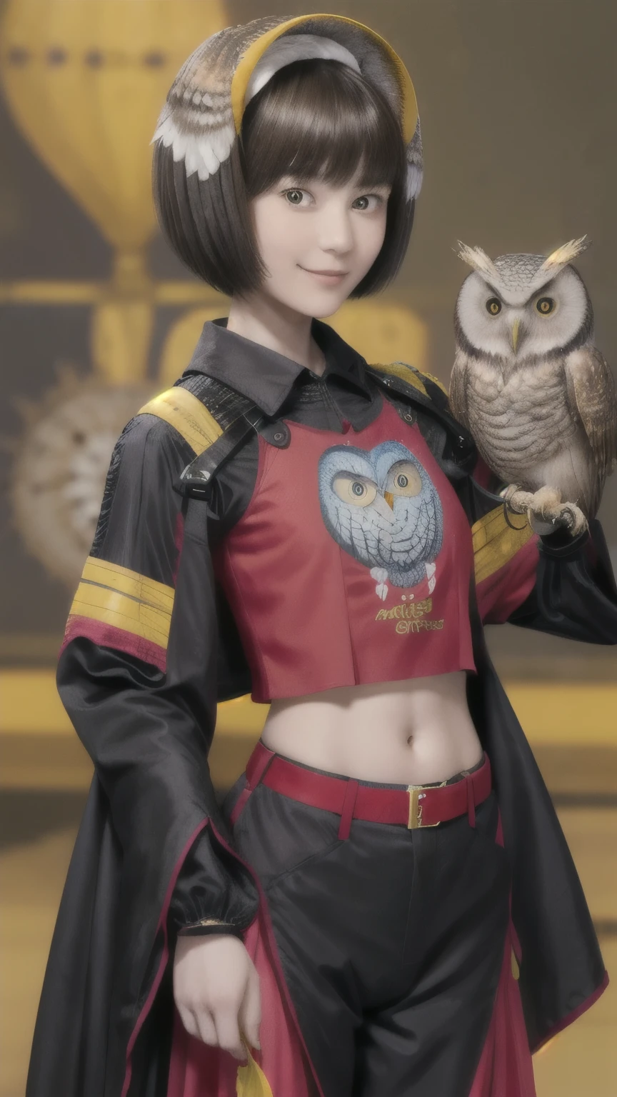 224 Short Hair, 20-year-old woman, A kind smile, (There are also colorful owls), (Rembrandt-style painting), ((machinery suit,Clothes with short sleeves)),I can see your abs