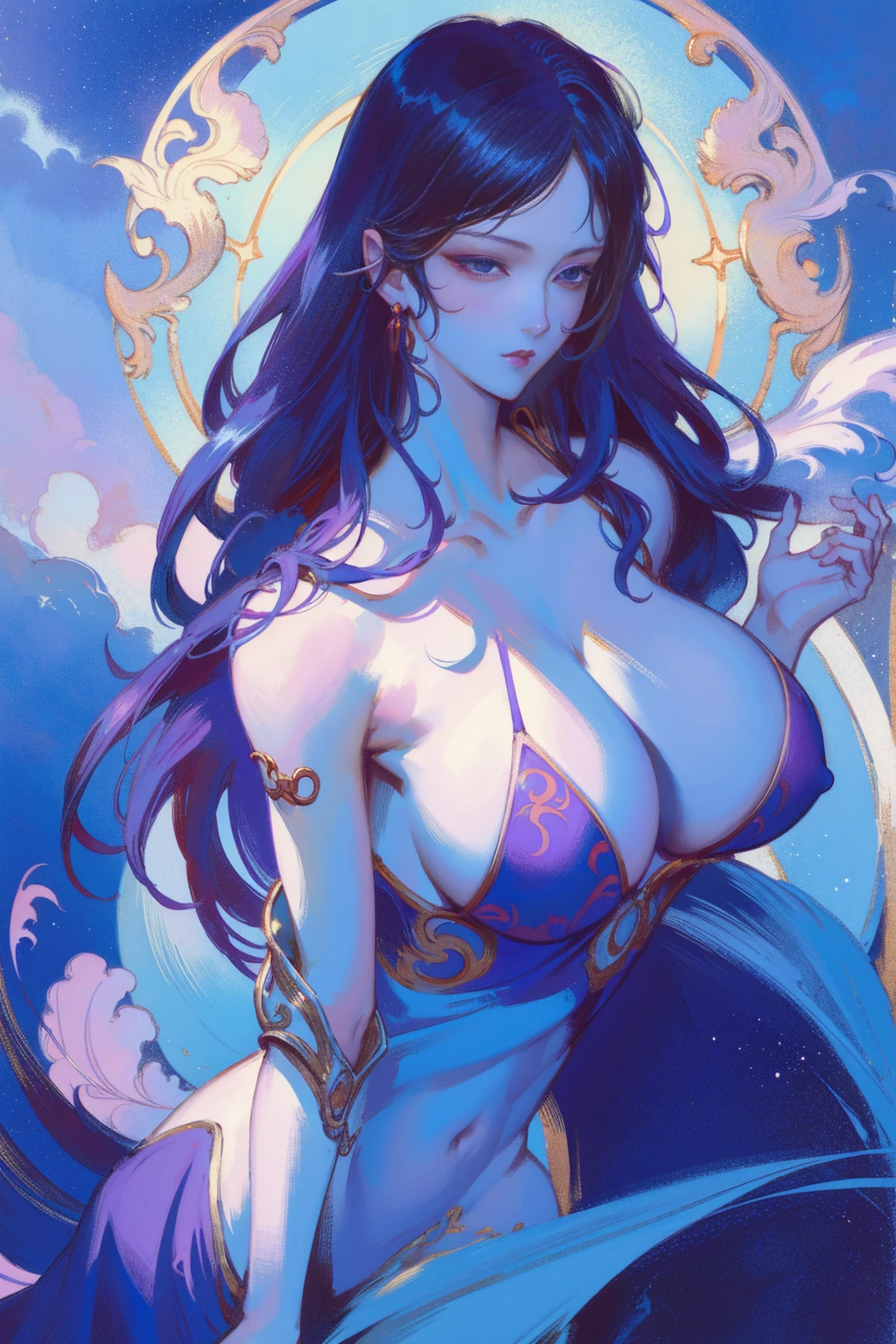 There a woman's turncs towards viewer, in ancient China,(solo),Bare back tattoo,((huge big breasts)), hard nips poking, beautidful eyes,Detailed facial clothing,like a dream, blue and purple flowers, Ukiyo-style, Works of art in the style of Guwitz, Guviz, Alphonse Mucha and Rose Drews, A beautiful artistic illustration, author:Li Song, author:heroes, author:Zou Zhe, by Zeng Jing, by Ye Xin, author:Shitao, author:Zhou Fang, korean art nouveau anime