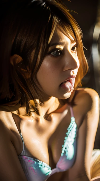 Woman on knees, oval face, crying, sad, distressed, sexy body, brown long hair, (looking at viewer), makeup, fit, erotic body, Cleavage, Cosplay, Tongue out, (best quality,4k,8k,highres,masterpiece:1.2), ultra-detailed, (realistic,photorealistic,photo-realistic:1.37), HDR, UHD, studio lighting, ultra-fine painting, sharp focus, physically-based rendering, extreme detail description, professional, Pastel colors, bokeh, portraits, landscape, horror, anime, sci-fi, photography, concept artists, warm, soft lighting