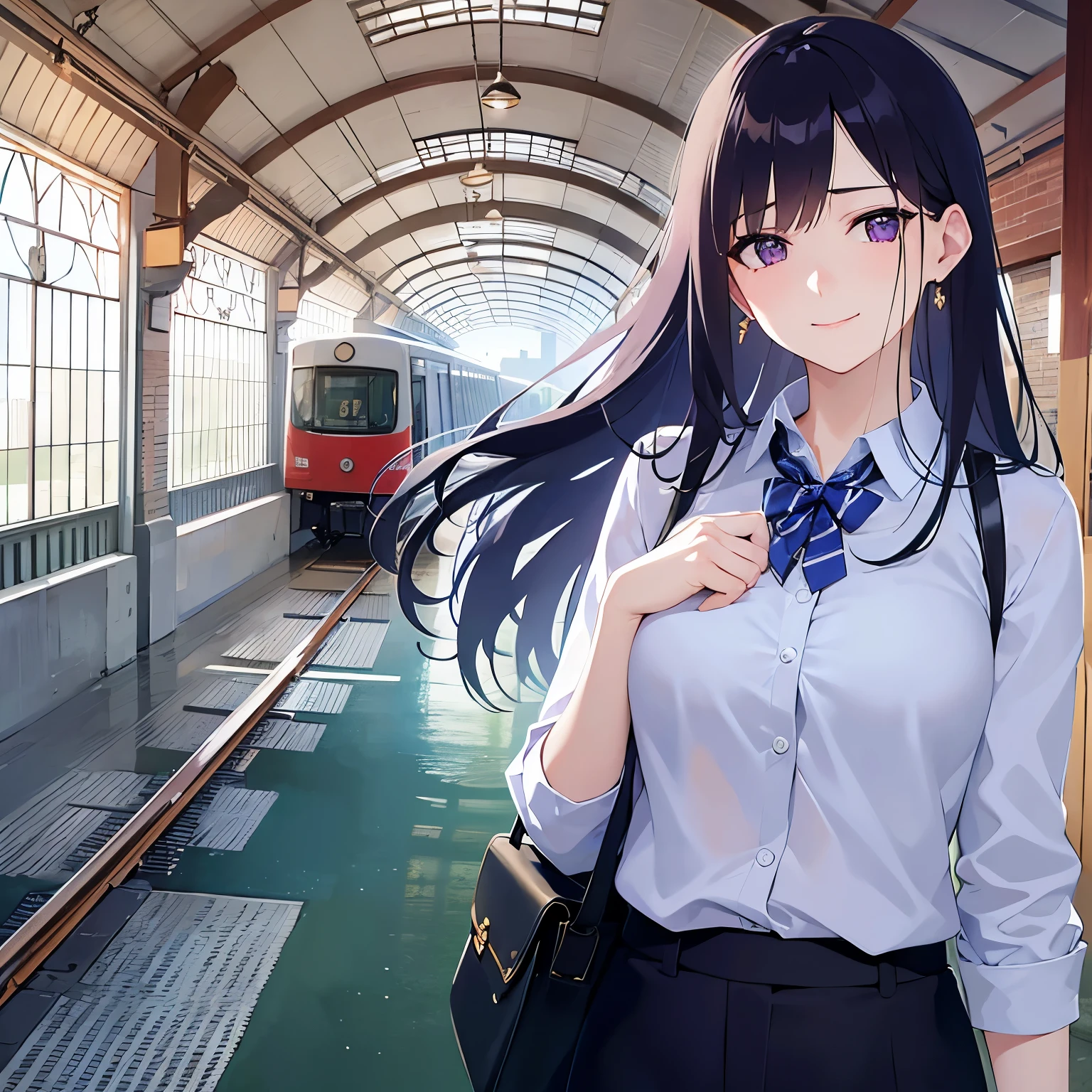 Placing hand on face, Biologically correct five fingers、upper body, Realistic, real person, (pale skin: 1.2), (RAW photo:1.5), photorealistic, shiny skin, shiny hair、(A 25-year-old woman with straight hair and bangs) and (medium hair) and (black hair) and (purple eyes), white collared shirt, (sad smile:1.3), tears, The background is a train station、alone、Are standing
