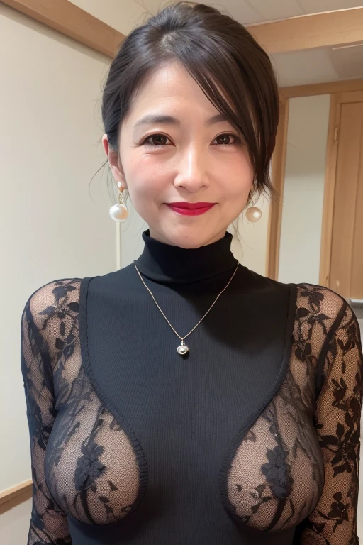 highest quality, 8k, High resolution, Very detailed, Realistic:1.37, anti-gravity environment, Beautiful Japanese Women, Mature Woman, Lady, Elderly woman, 50-year-old married woman, (Small breasts), Beautiful breasts, Soft Breasts, Sexy Breasts, Sweaty skin, Full body emphasis, Fine wrinkles, Beautiful Lips, Sparkling Eyes, A small smile, Red lipstick, Pearl Earrings, Pearl Necklace, Low Ponytail, Turtleneck short dress, See-through fabric, Lewd appearance,