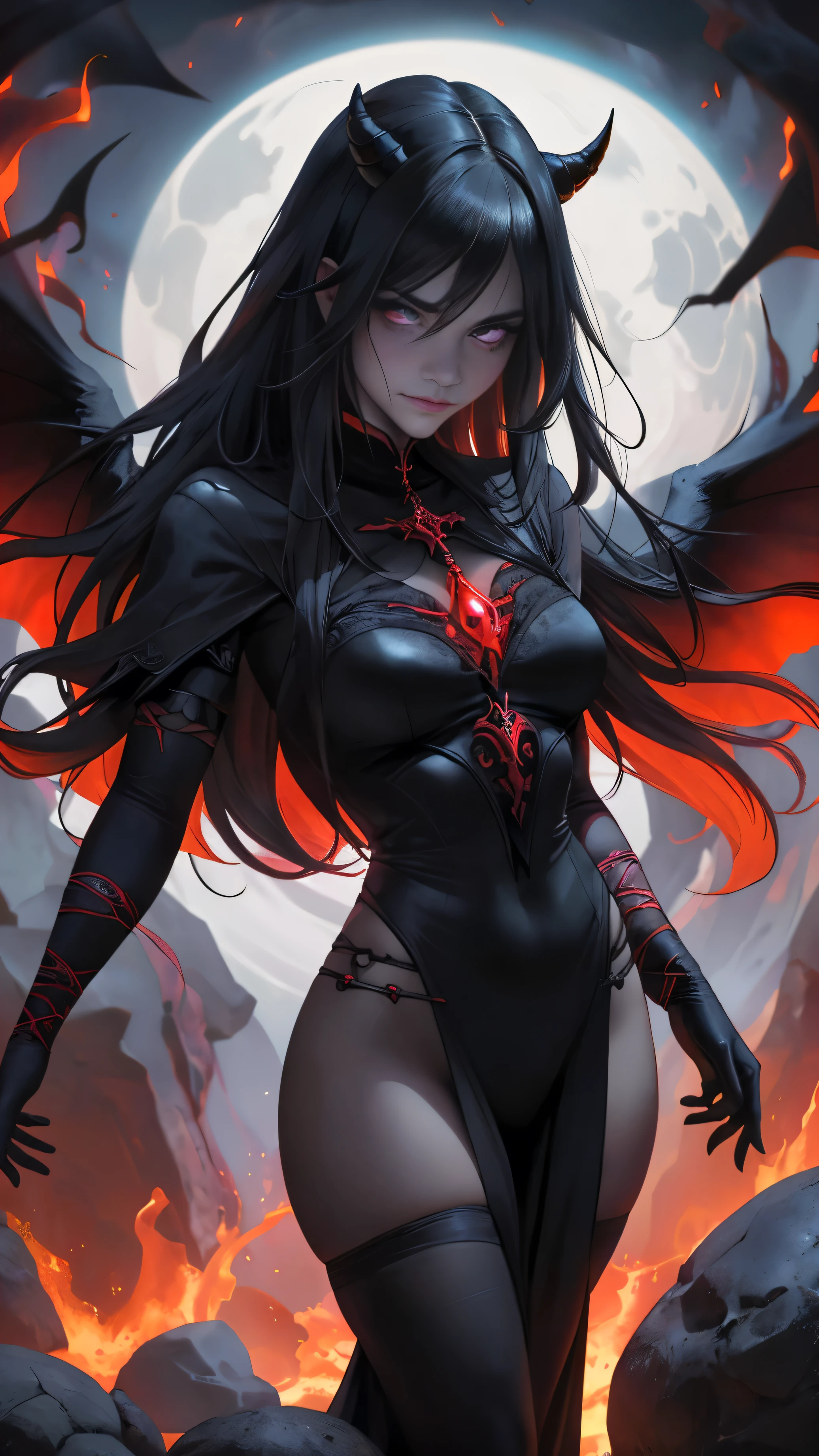 (La mejor calidad,A high resolution,Ultra - detallado,actual),(mujer demoniaca:1.1), SANGRE, VISCERA, SANGRE, GUERRA, MUERTE, infierno,fiery atmosphere,ominoso,calor abrasador,llamas al rojo vivo,devilish beauty,satanic presence,ojos rojos brillantes,gloomy shadows,abismo oscuro,almas ardientes,figuras demoniacas,alas ardientes,aura terrible,tormented spirits,almas torturadas,lava fundida,powerful energy,poderes oscuros, paisaje infernal,eternal damnation,cuernos retorcidos,risa demoniaca,calor intensowave,humo sulfuroso,magia oscura,fuego encantado,evil look,zarcillos ardientes,calor intenso,infierno ardiente,presencia amenazante,gritos sobrenaturales,devilish smile,llamas bailando,ominoso glow,(hermosos ojos azules), (fondo piedras grandes negro:1.4) , (pose vaquero ), (realistic) ,Arte detallado de alta calidad 8K, Fanart Mejor ArtStation, Fantasy art style , (cabello largo white canoso:1.4)