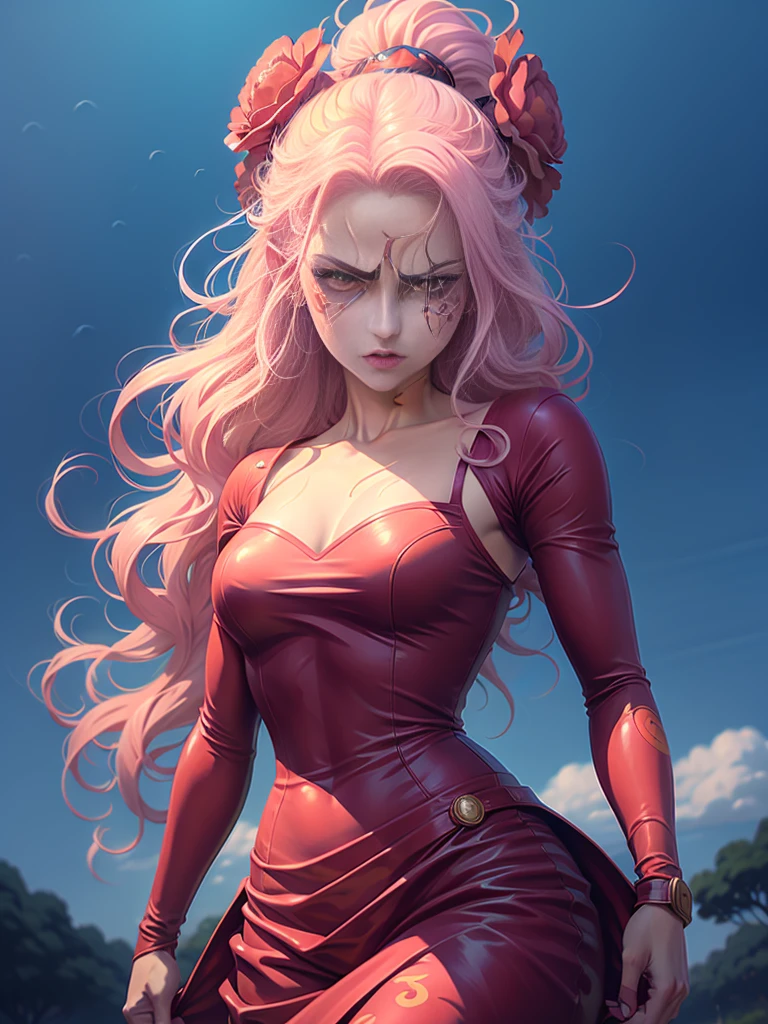 drawing of a woman with a flower on her face, anime styled, jojo anime style, detailed anime face, anime face, hisoka, highly detailed angry anime face, anime inspired, face anime portrait, angry look, stern look, pretty anime face, yayoi kasuma, anime style character, anime style portrait, portrait of hisoka hunter hunter