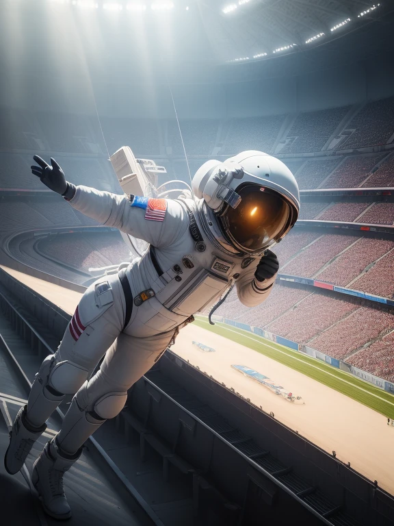 ((masterpiece, highest quality, Best image quality, High resolution, Realistic, RAW Photos, 8k)),background,Inside the stadium at the Olympic Games, An astronaut flying with his back to a stadium full of spectators, It uses rocket propulsion from a booster pack mounted on its back to fly through the air.。Huge stadium, A space suit that glows in the sunlight, Astronaut floating in a vast athletics stadium, ((The inside of the stadium is depicted with the addition of a heat haze effect caused by the rocket&#39;s propulsion heat..))