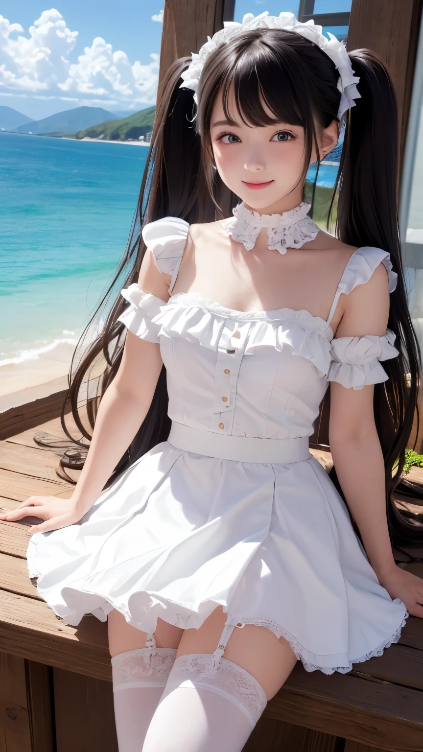 ((masterpiece)), ((highest quality、Ultra high definition)), (Very detailed),8K、Photo quality、((Amazingly cute girl)), , Two people, , (Beautiful emerald blue eyes), ((smile)),In the open-air bath overlooking the sea, Beautifully arranged black hair in twin tails、whole body、(Super high-end white see-through summer gothic lolita maid costA super mini skirt with lots of frills)、Professional Lighting、(White lace knee-highs)、