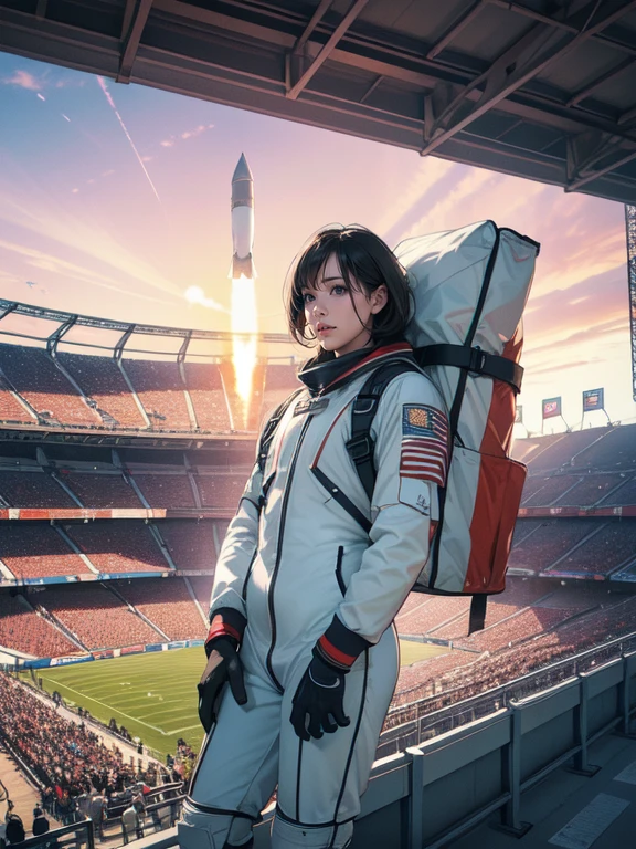 ((masterpiece, highest quality, Best image quality, High resolution, Realistic, RAW Photos, 8k)),background,Inside the stadium at the Olympic Games, An astronaut flying with his back to a stadium full of spectators, It uses rocket propulsion from a booster pack mounted on its back to fly through the air.。Huge stadium, A space suit that glows in the sunlight, Astronaut floating in a vast athletics stadium, ((The inside of the stadium is depicted with the addition of a heat haze effect caused by the rocket&#39;s propulsion heat..))