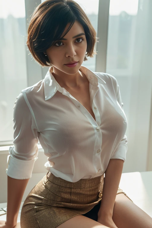 photo of sexy super model white indian woman, RAW, beautiful woman, ,damp, cleavage , ((detailed face:1.2)), ((detailed facial feature, detailed skin, clear skin), (perfect proportioned body, medium breasts), (wearing unbuttoned business attire, open opaque shirt, showing her breasts, sexy mini very short skirt) (high detailed office environment, closed blinds), (realistic photo, best quality, detailed), (8k wallpaper), (brighten lighting) (sharp focus ), backlite, short pixie cut black hair , sitting seductively pose to viewers , bright face, detailed face, details hair