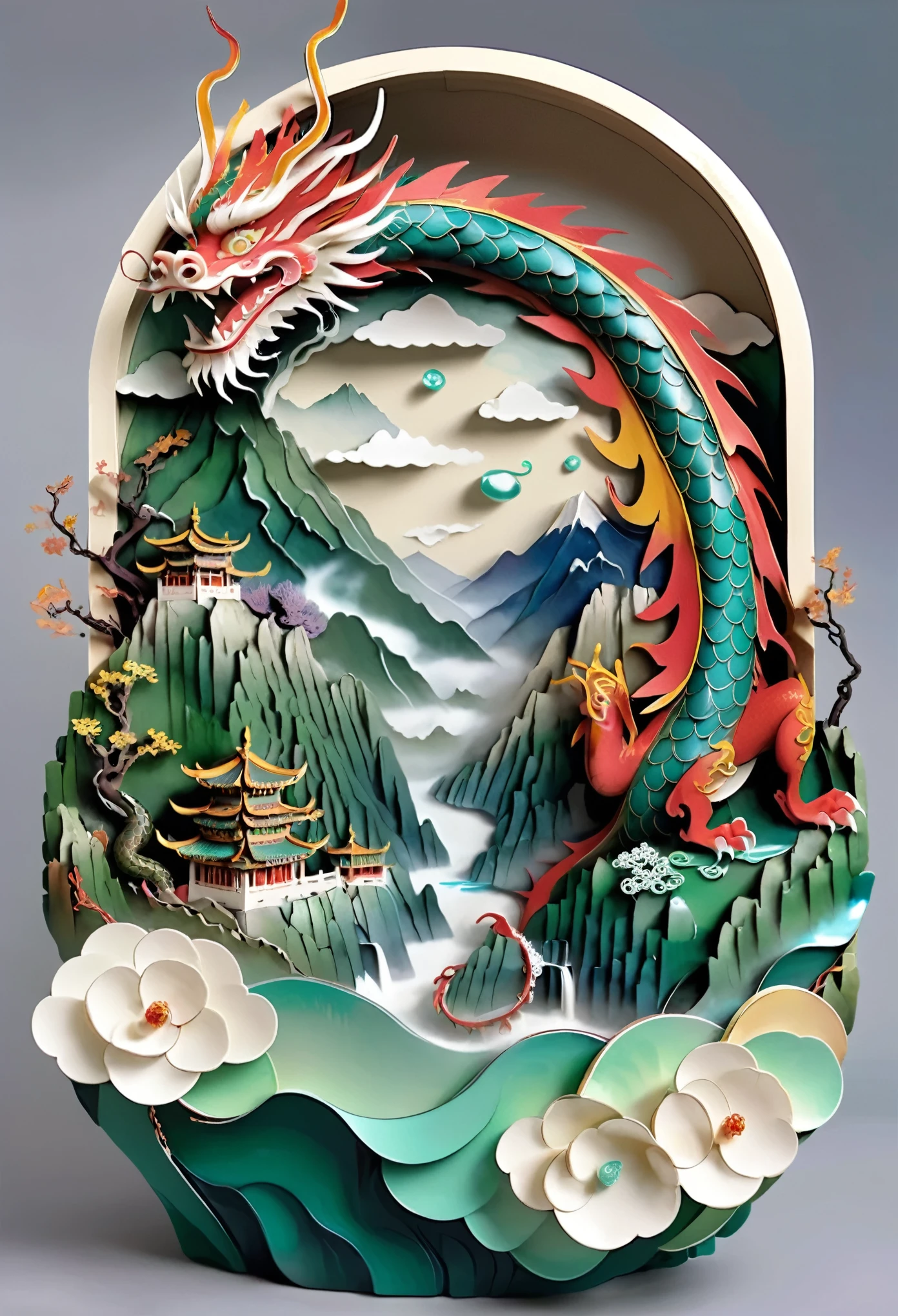 In the legends of ancient China,a majestic Chinese dragon coils in the sky,exuding an awe-inspiring presence. In its grasp,it holds a transparent glass orb,known as the Dragon Pearl. Inside the Dragon Pearl,a miniaturized scene of Mount Lis encapsulated,exquisitely beautiful. The Lushan waterfall tumbles down of from resembling great reversed height, with water droplets splashing and producing a rumbling sound. Surrounding the waterfall,the mountains rise and fall,enveloped in misty clouds,creating an ethereal ambience.,