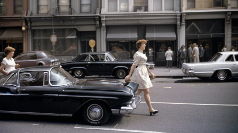 Young woman walking in front of a row of parked cars, New York City in the 1960s, cinematic diane arbus, inspired By Ruth Orkin, inspired By Bruce Davidson, Bruce Davidson Photography, By Ruth Orkin, By Bruce Davidson, inspired by Vivian Maier, by Larry Fink, by Vivian Maier