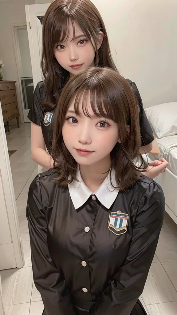 Perfect photo, Multiple Girls, ((Thousands of girls, Millions of girls)), clone, Identical sister, An orderly line of sisters, An orderly line of sisters, Sisters standing in a line, Sisters in the background, Brown Hair, Curly Hair, Matching hairstyle,Eyes of the same color, smile, ((Matching outfits, Same uniform)), Matching hairstyle, White Background, High resolution, whole body, Pause