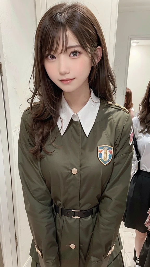 Perfect photo, Multiple Girls, ((Thousands of girls, Millions of girls)), clone, Identical sister, An orderly line of sisters, An orderly line of sisters, Sisters standing in a line, Sisters in the background, Brown Hair, Curly Hair, Matching hairstyle,Eyes of the same color, smile, ((Matching outfits, Same uniform)), Matching hairstyle, White Background, High resolution, whole body, Pause