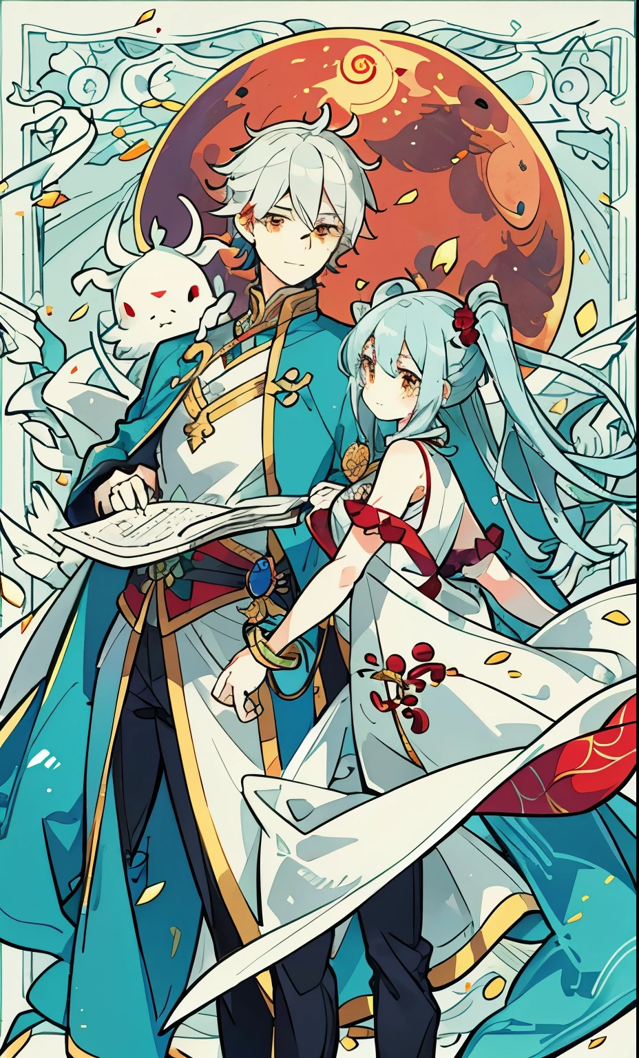 People standing face to face, Two different characters, one male and one female, Cute girls and cute boys , Gorgeous accessories, Magic style clothing, There is a dragon and a red moon in the background