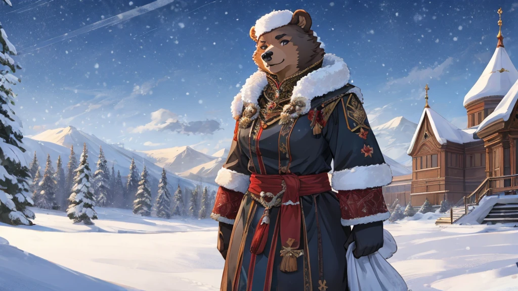 Russian style，Mother bear，strong，Female characteristics，Detailed character details，snow