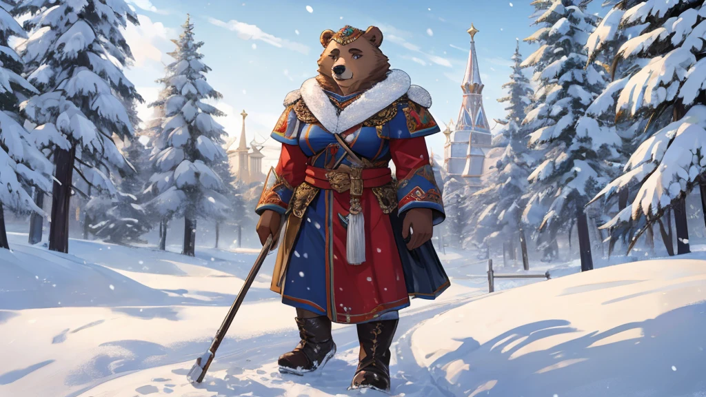 Russian style，Mother bear，strong，Female characteristics，Detailed character details，snow