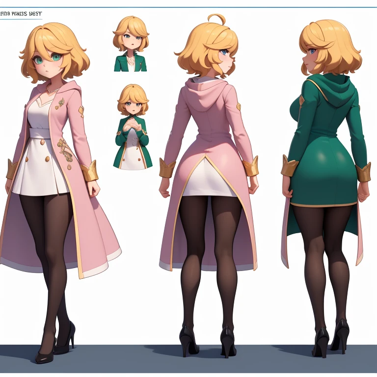 High resolution image, 8k quality, perfectly intricate details, (((perfectly detailed illustration))), 3D anime style, looking at the viewer, (((front view, side view, back view))), (((*attention*))), ( ((same character))), (((same outfit))), (((Character design sheet))), most beautiful imagen of the world, Upskirt.1 girl, solo, most beautiful girl oft he world, (((mature woman))), (((full body))). medium hair, blonde hair, medium breasts. (((perfect and detailed face))), (((very exaggerated puffy cheeks))), (((very exaggerated pout))), mouth, full lips, closed mouth, blush. Perfectly detailed eyes, crying, almond eyes, aquamarine eyes, tears. dress, white and green dress, skirt lifth. pink jacket, open jacket, puff sleeves, long sleeves, hood. standing, legs apart, wide thighs, medium hips. Brown pantyhose, white micro panties, black heels.