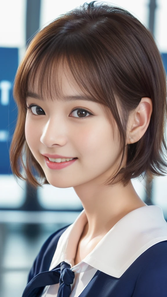 (anime,portrait,highly-detailed,photorealistic:1.2,best quality,4k,8k,highres,masterpiece:1.2), (ultra-detailed, realistic, photorealistic:1.37), (portrait of a young smiling Japanese girl with an innocent and super ultra cute expression, photorealistic style:1.2), (Close-up of her eyes with perfect, clear and beautiful details:2.0), (her eyes are extremely enchanting:1.5), (her baby-like face is exquisitely detailed, showing every fine feature:1.5), (She has a short hair:1.5), (neatly-styled hair enhances her charm:1.0), (She is a cabin attendant:2.0),(She is wearing a navy blue uniform:1.5), (looking both professional and captivating:1.5), (her radiant smile exudes joy and warmth:1.0), (the sunlight gently illuminates her pretty face, casting a gentle and warm lighting:1.25), the colors are vibrant, enhancing the overall vibrancy of the portrait:1.0.(She is at the airport:1.5).