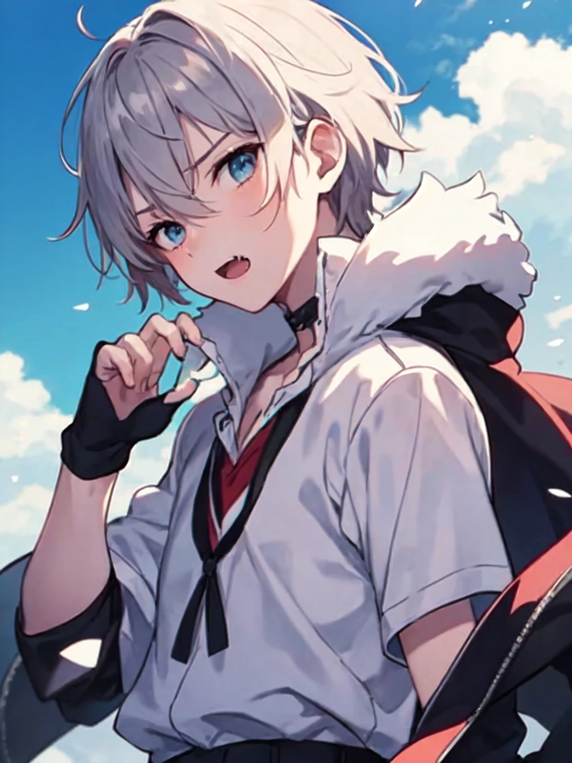 (absurdres), (perfect ???????), (ingenious angle), (variations of poses),like a dream, beautiful composition, RAW photo, extremely delicate and beautiful, aesthetic,1 people, alone, boy, grumpy, open mouth, fang, look at viewer, 14 years old, upper body, standing, claw pose, blue sky, warm atmosphere, perfect composition, trending pixiv fanbox, clear eyes, anime hand drawn illustration,