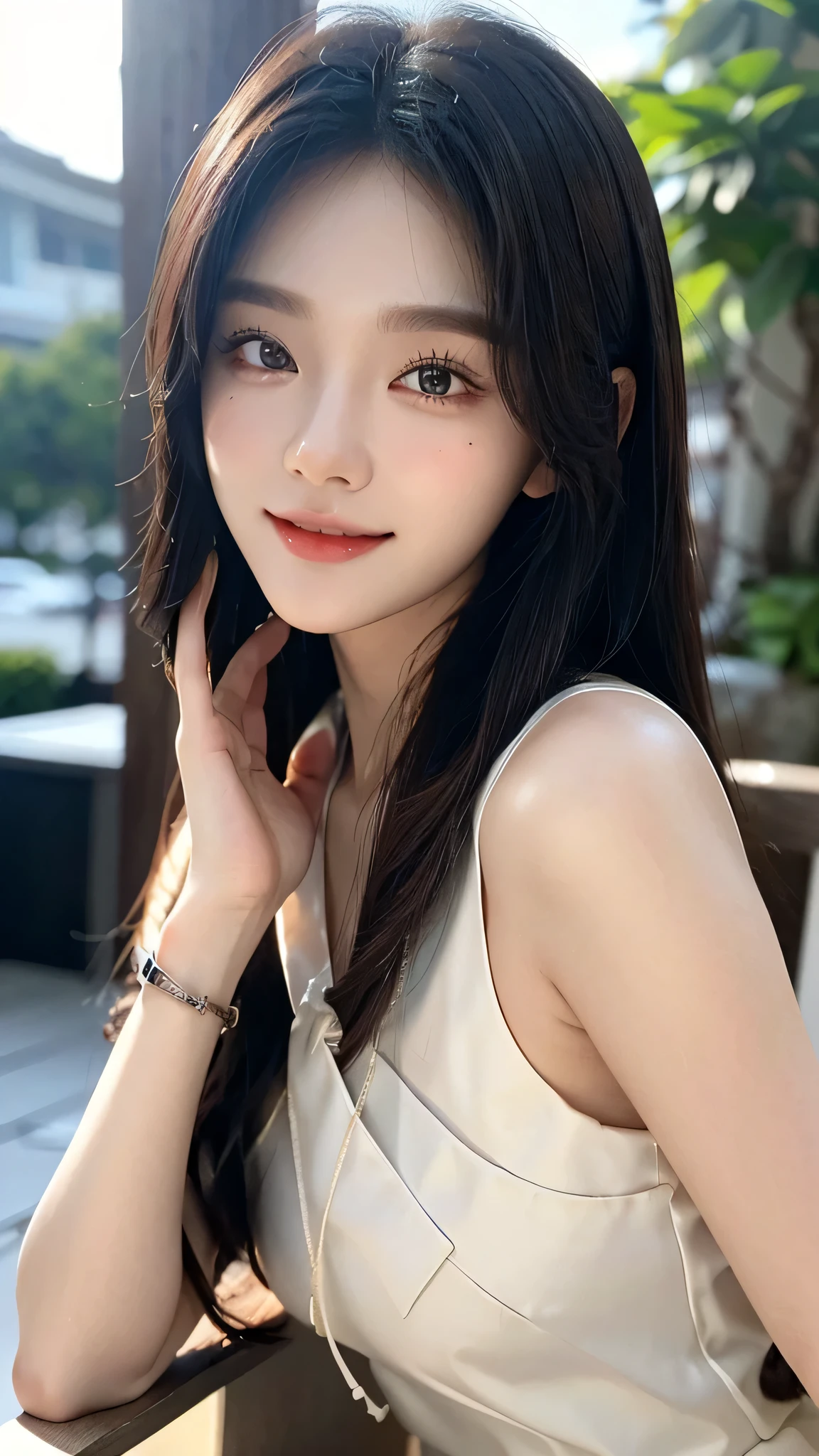 ​masterpiece、top-quality)、1 beautiful girl、((Wearing black sunglasses )), (Detailed beautiful eyes), ((Detailed skin)) , ((Detailed medium hair)), in the white villa、((Boyish Brown Medium Hair))、((Smaller face))、((Neutral face))、((Face seen from the side))、((Light brown eyes))、((Korean Girl))、((18year old))、((cool lady))、((A shy smile on his face))、((Korean Makeup))、((elongated and sharp eyes))、((Happy dating))、((boyish))、((Shot from the same height as your face)、on the white villa ), ((CG rendering)), ((Blurred background)), ((16K)),  ((Very detailed)), ((wallpaper)), ((depth of field)), ((movie light)), (( Ray tracing)).