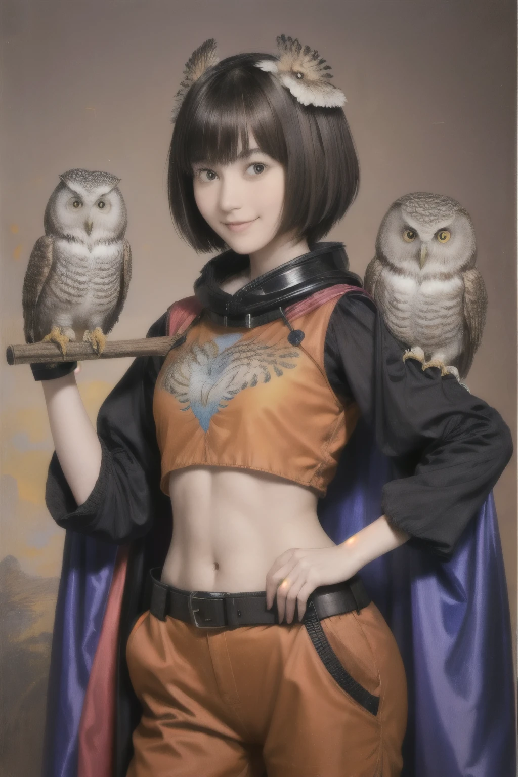 224 Short Hair, 20-year-old woman, A kind smile, (There are also colorful owls), (Rembrandt-style painting), ((machinery suit,Clothes with short sleeves)),I can see your abs