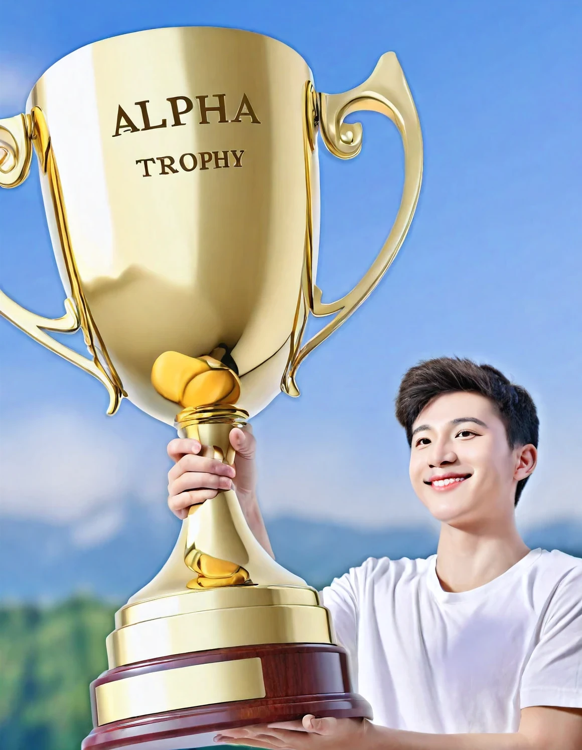 Golden Trophy,no human,It says Alpha on the trophy，