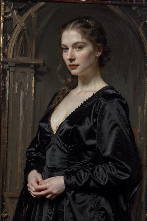 (Masterpiece), (detailed), (high quality), medieval painting of a tall vampire woman with pale skin and black dress