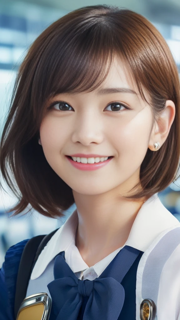 (anime,portrait,highly-detailed,photorealistic:1.2,best quality,4k,8k,highres,masterpiece:1.2), (ultra-detailed, realistic, photorealistic:1.37), (portrait of a young smiling Japanese girl with an innocent and super ultra cute expression, photorealistic style:1.2), (Close-up of her eyes with perfect, clear and beautiful details:2.0), (her eyes are extremely enchanting:1.5), (her baby-like face is exquisitely detailed, showing every fine feature:1.5), (She has a short hair:1.5), (neatly-styled hair enhances her charm:1.0), (She is a cabin attendant:2.0),(She is wearing a navy blue uniform:1.5), (looking both professional and captivating:1.5), (her radiant smile exudes joy and warmth:1.0), (the sunlight gently illuminates her pretty face, casting a gentle and warm lighting:1.25), the colors are vibrant, enhancing the overall vibrancy of the portrait:1.0.(She is at the airport:2.0).