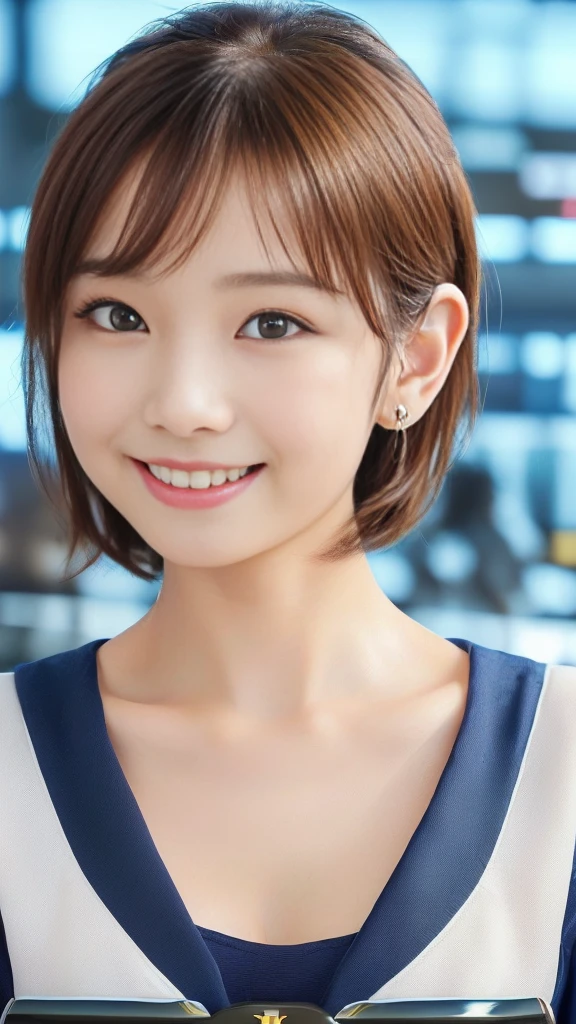 (anime,portrait,highly-detailed,photorealistic:1.2,best quality,4k,8k,highres,masterpiece:1.2), (ultra-detailed, realistic, photorealistic:1.37), (portrait of a young smiling Japanese girl with an innocent and super ultra cute expression, photorealistic style:1.2), (Close-up of her eyes with perfect, clear and beautiful details:2.0), (her eyes are extremely enchanting:1.5), (her -like face is exquisitely detailed, showing every fine feature:1.5), (She has a short hair:1.5), (neatly-styled hair enhances her charm:1.0), (She is a cabin attendant:2.0),(She is wearing a navy blue uniform:1.5), (looking both professional and captivating:1.5), (her radiant smile exudes joy and warmth:1.0), (the sunlight gently illuminates her pretty face, casting a gentle and warm lighting:1.25), the colors are vibrant, enhancing the overall vibrancy of the portrait:1.0.(She is at the airport:2.0).