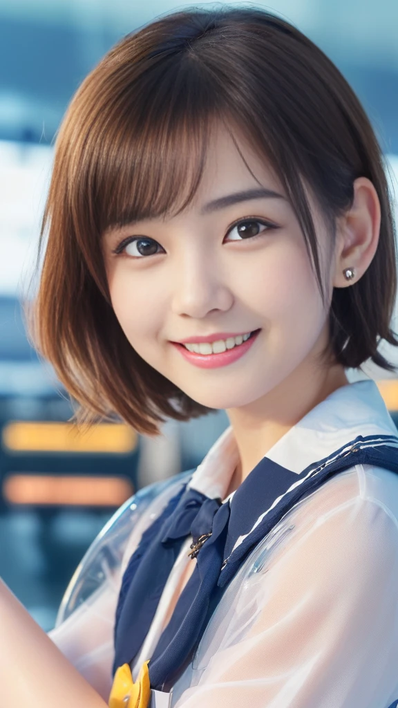 (anime,portrait,highly-detailed,photorealistic:1.2,best quality,4k,8k,highres,masterpiece:1.2), (ultra-detailed, realistic, photorealistic:1.37), (portrait of a young smiling Japanese girl with an innocent and super ultra cute expression, photorealistic style:1.2), (Close-up of her eyes with perfect, clear and beautiful details:2.0), (her eyes are extremely enchanting:1.5), (her -like face is exquisitely detailed, showing every fine feature:1.5), (She has a short hair:1.5), (neatly-styled hair enhances her charm:1.0), (She is a cabin attendant:2.0),(She is wearing a navy blue uniform:1.5), (looking both professional and captivating:1.5), (her radiant smile exudes joy and warmth:1.0), (the sunlight gently illuminates her pretty face, casting a gentle and warm lighting:1.25), the colors are vibrant, enhancing the overall vibrancy of the portrait:1.0.(She is at the airport:2.0).