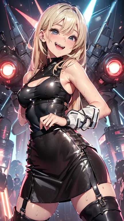 1 female,Blonde,Age 25,(((Blue shiny micro tight skirt)))((White tank top))(((blush、Laughing with your mouth open)),(((Straight hair))),(((Portraiture))),crowd,,(Wet with sweat)(Sexy black bra and see-through tank top)()(((Small breasts)))Leather thigh-high boots