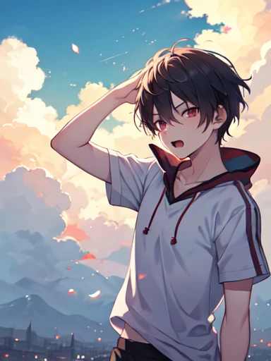 (absurdres), (perfect anatomy), (ingenious angle), (variations of poses),like a dream, beautiful composition, RAW photo, extremely delicate and beautiful, aesthetic,1 people, alone, boy, grumpy, open mouth, fang, look at viewer, , upper body, standing, arms behind head, blue sky, warm atmosphere, perfect composition, trending pixiv fanbox, clear eyes, anime hand drawn illustration,