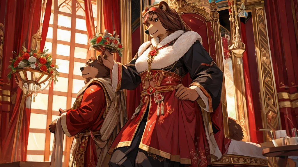 Russian style，Mother bear，Female characteristics，Detailed character details，crimson