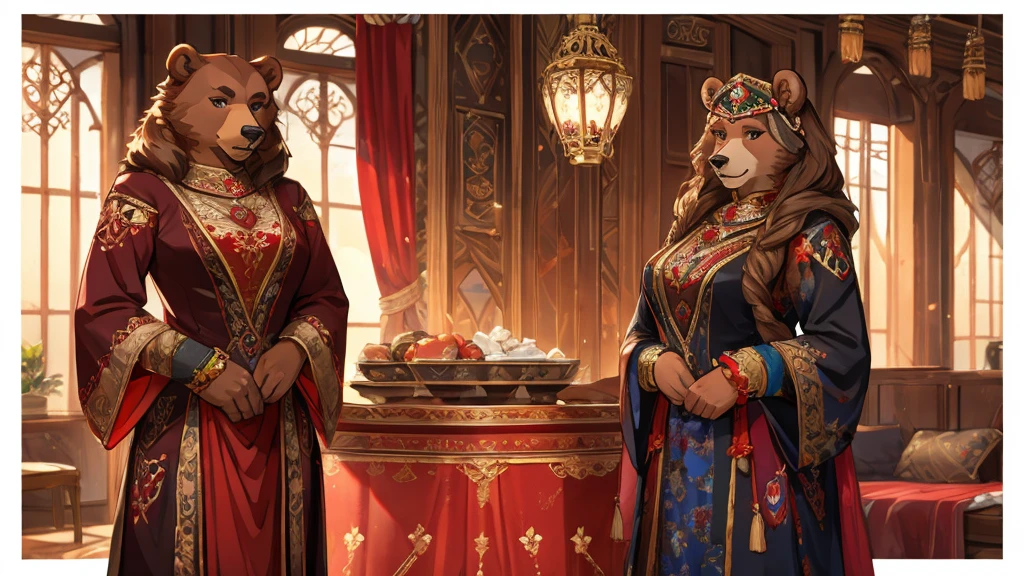 Russian style，Mother bear，Female characteristics，Detailed character details，crimson