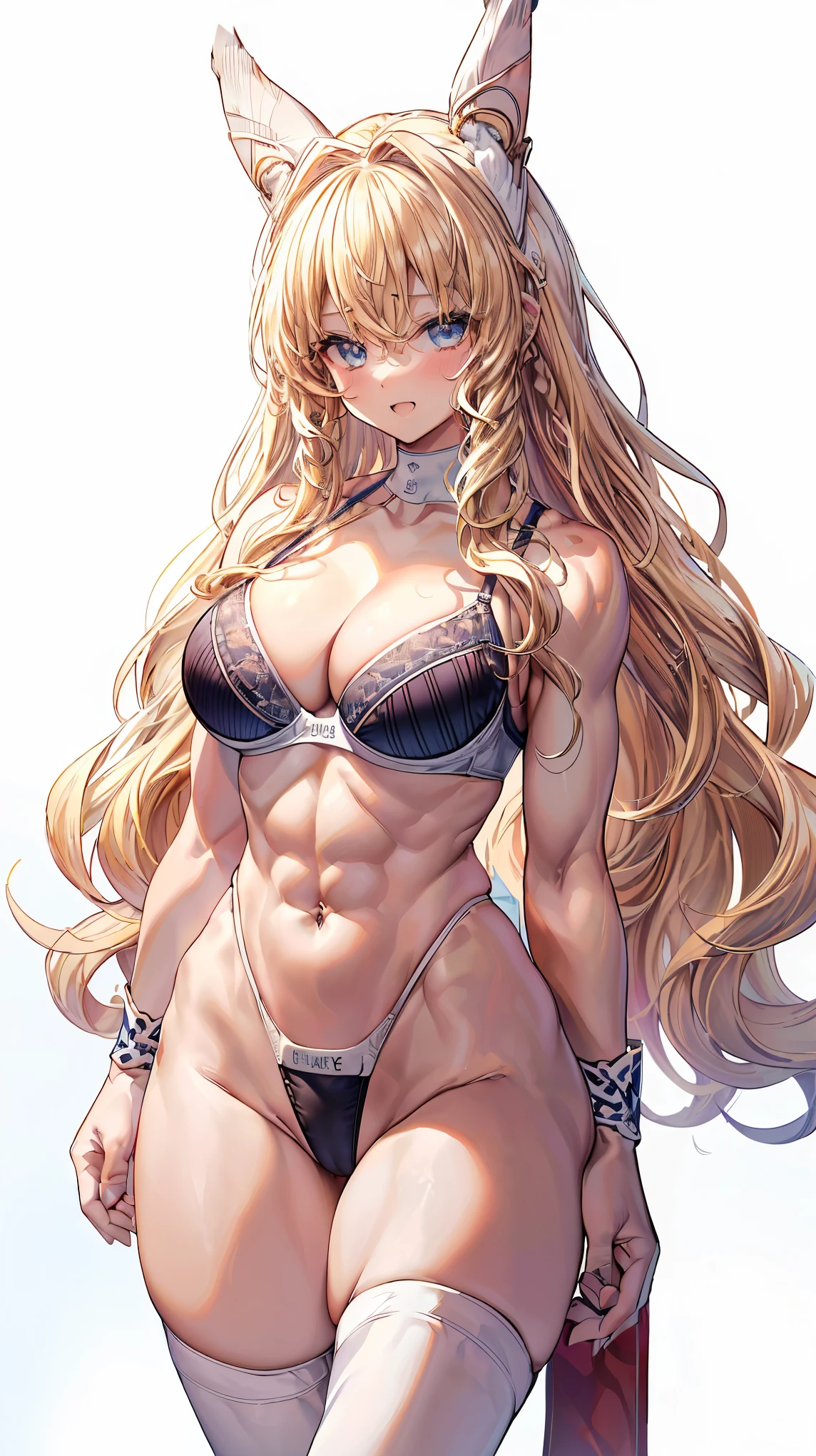 Very detailed、highest quality、Best image quality、masterpiece、8k、Anime Face、A kind smile、(Open your mouth:1.3)、Sparkling blue eyes、(Blonde Wavy Hair:1.5)、(Muscles of the whole body:1.3)、(highleg:2.0)、(Wearing a thong:1.5)、Thigh belt、(Cowboy Shot:1.5)、(SFW Giant)、(Thick body:1.2)、(bra:1.5)、(sxspnts)、(White background:1.5)