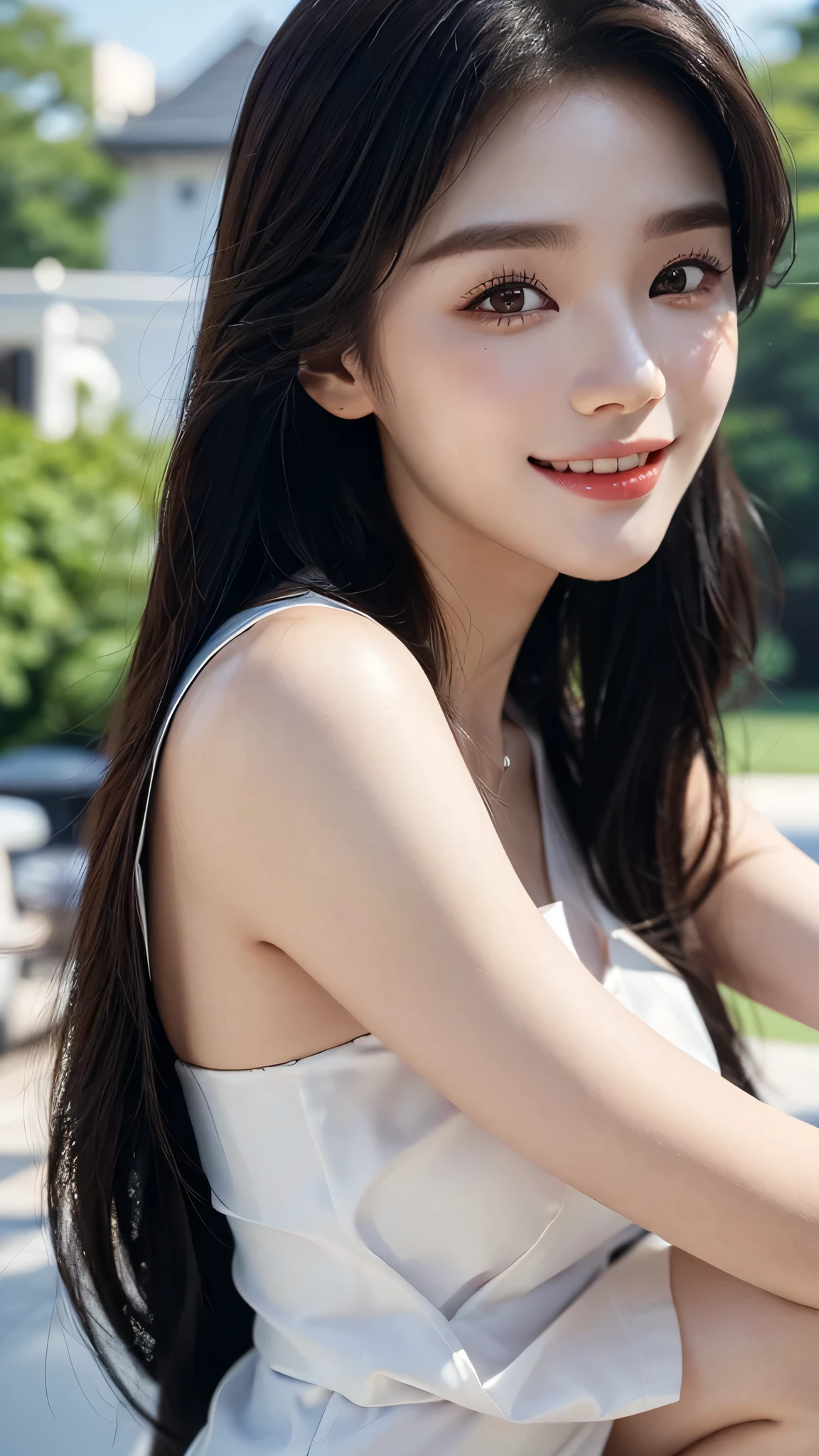masterpiece、top-quality)、1 beautiful girl、((Wearing black sunglasses )), (Detailed beautiful eyes), ((Detailed skin)) , ((Detailed medium hair)), in the white villa、((Boyish Brown Medium Hair))、((Smaller face))、((Neutral face))、((Face seen from the side))、((Light brown eyes))、((Korean Girl))、((18year old))、((cool lady))、((A shy smile on his face))、((Korean Makeup))、((elongated and sharp eyes))、((Happy dating))、((boyish))、((Shot from the same height as your face)、on the white villa ), ((CG rendering)), ((Blurred background)), ((16K)), ((Very detailed)), ((wallpaper)), ((depth of field)), ((movie light)), (( Ray tracing)).