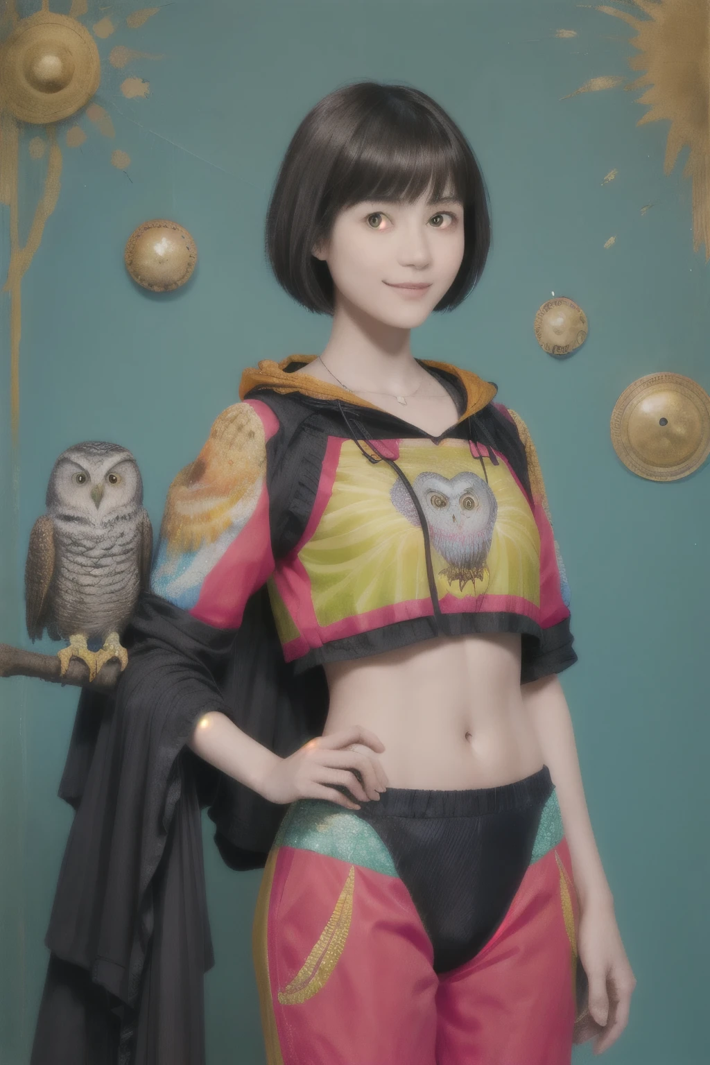 224 Short Hair, 20-year-old woman, A kind smile, (There are also colorful owls), (Rembrandt-style painting), ((machinery suit,Clothes with short sleeves)),I can see your abs